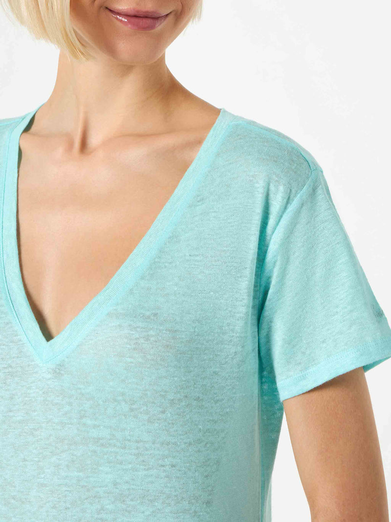 Wassergrünes Damen-T-Shirt aus Leinen