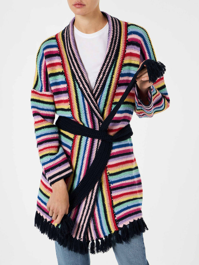 Mc2 Saint Barth Cappotto crochet multicolore con cintura