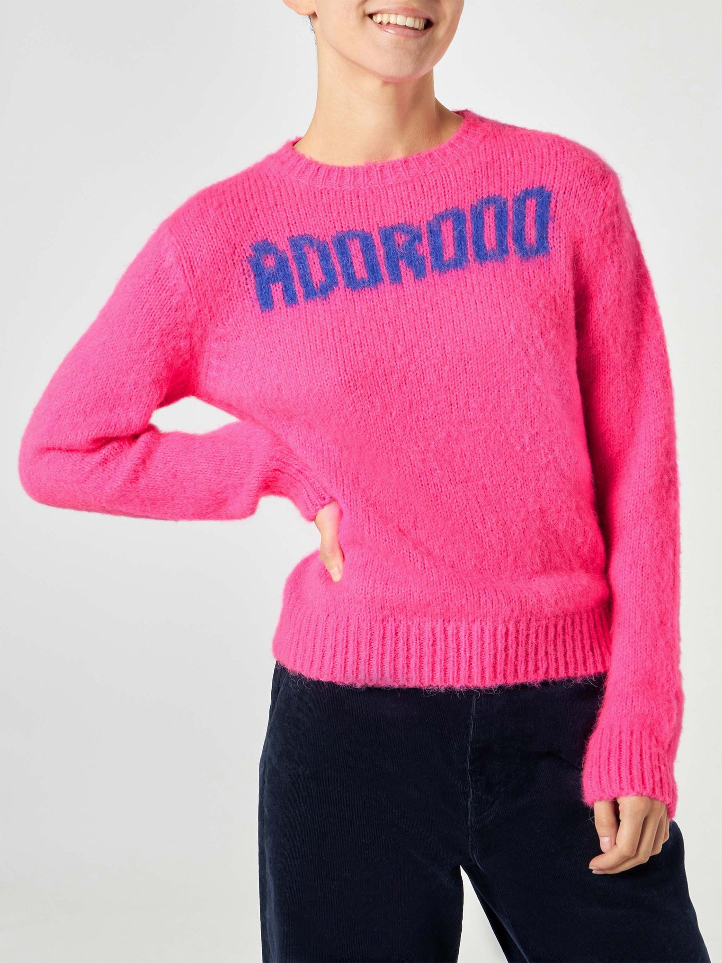 Woman fluo pink brushed sweater with Adorooo print - MC2 Saint Barth