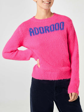 Woman fluo pink brushed sweater with Adorooo print - MC2 Saint Barth