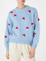 Woman brushed crewneck sweater with mushroom appliqué