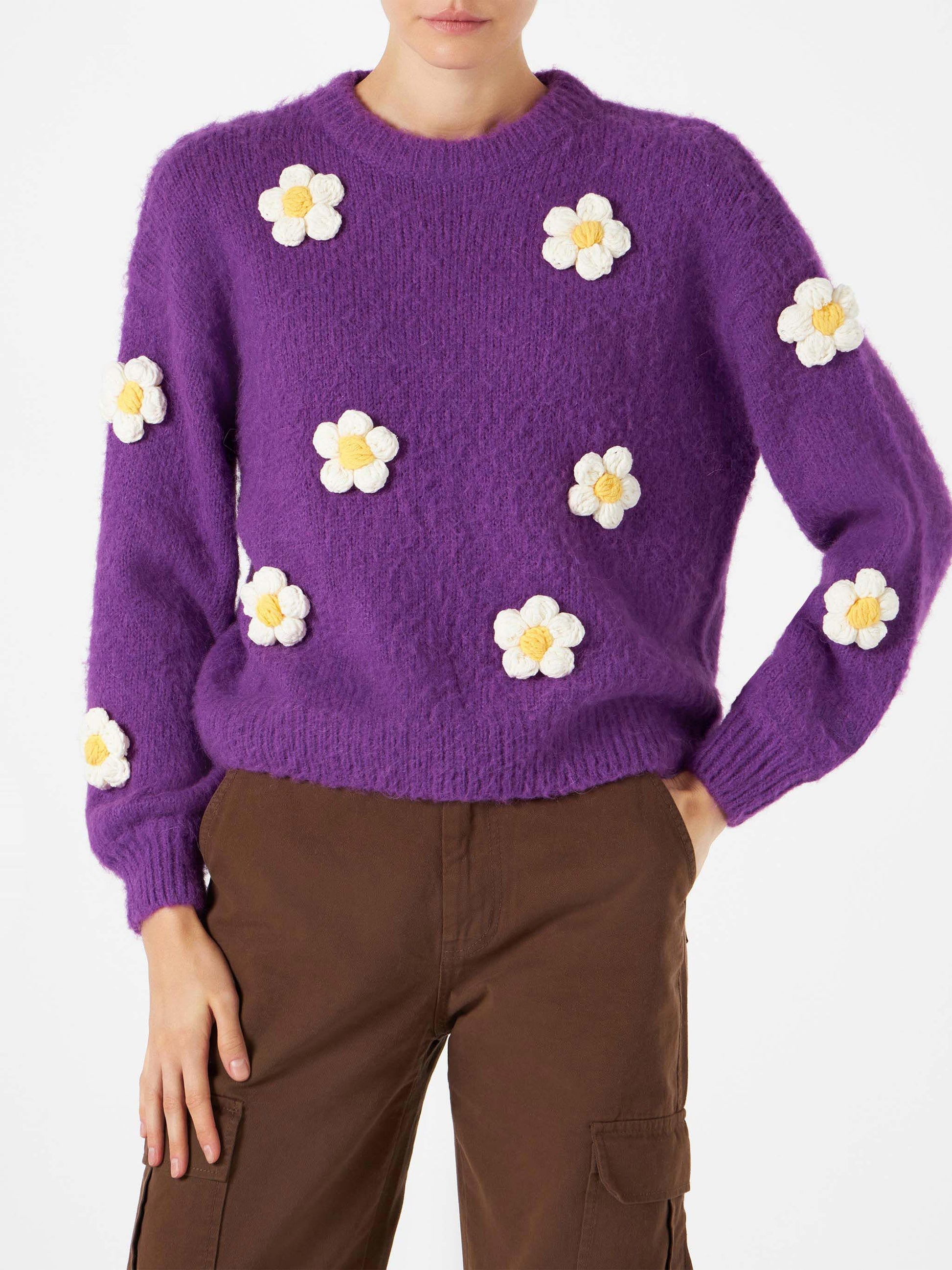 Woman brushed crewneck sweater with daisy appliqué - MC2 Saint Barth