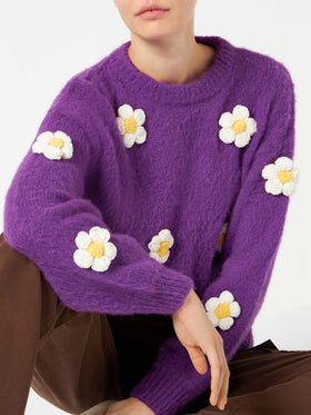 Woman brushed crewneck sweater with daisy appliqué - MC2 Saint Barth