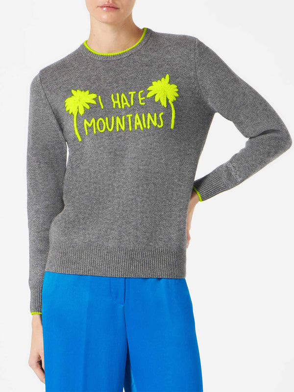 Damen-Pullover, grau, Fluo-Gelb, I Hate Mountains-Stickerei