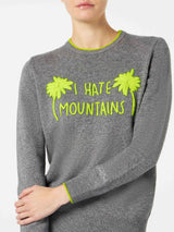 Woman grey sweater yellow fluo I hate mountains embroidery