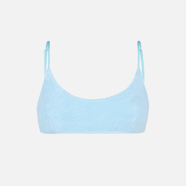 Woman light blue terry bralette swimsuit